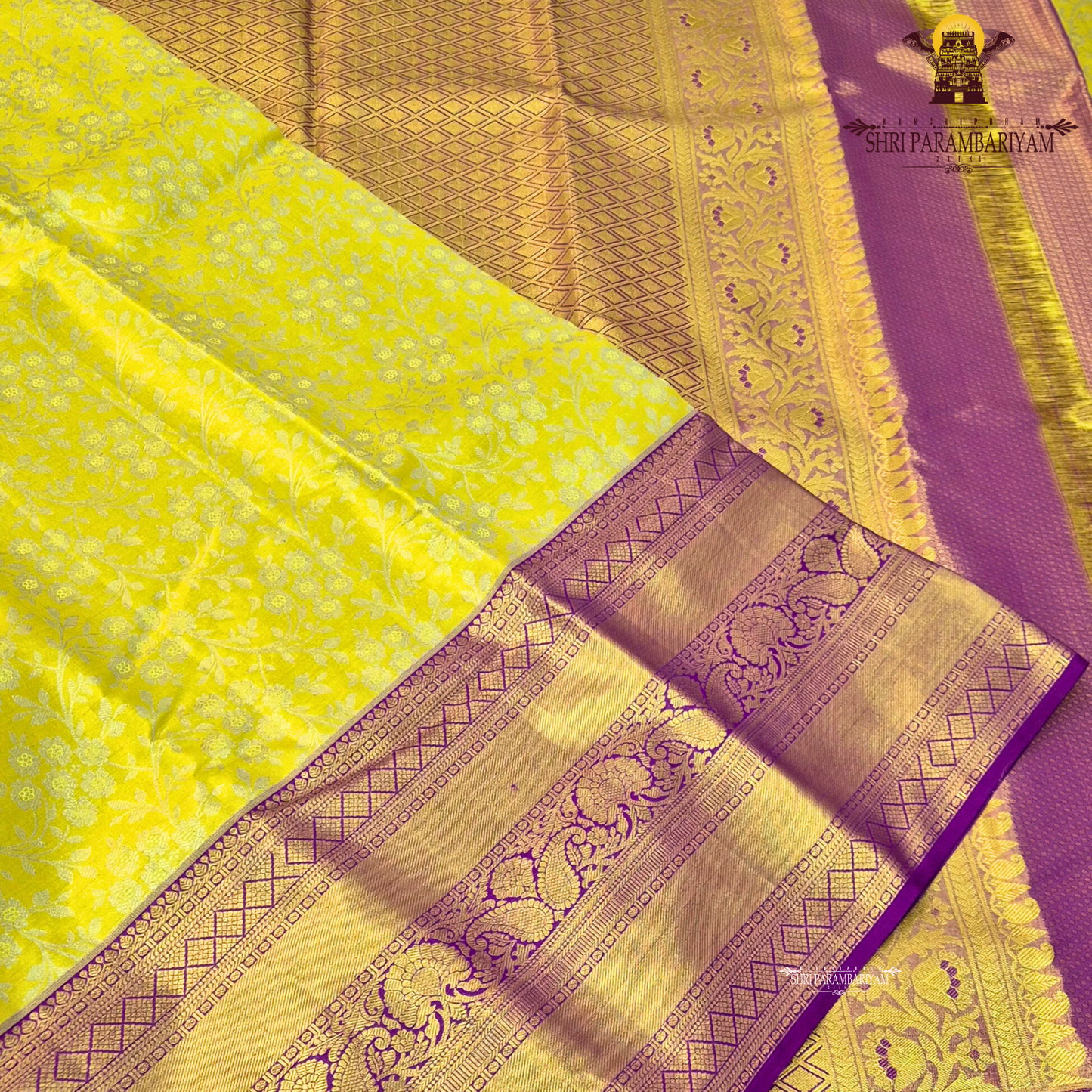 Bright sunshine yellow with golden tissue sheen Saree