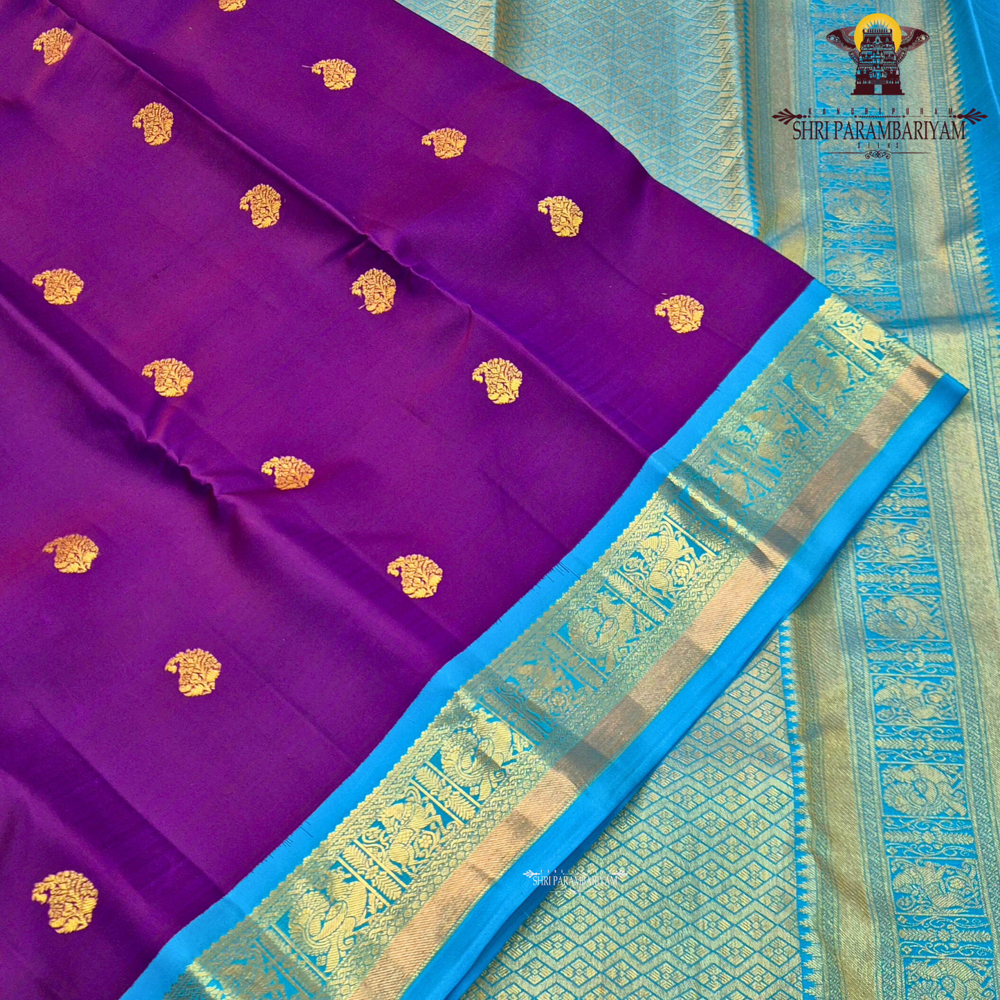 Rich Violet / Purple body with Sky Blue border Saree