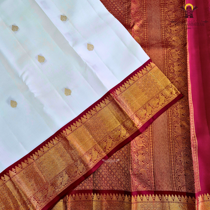 A pristine ivory white body adorned with delicate gold zari Saree