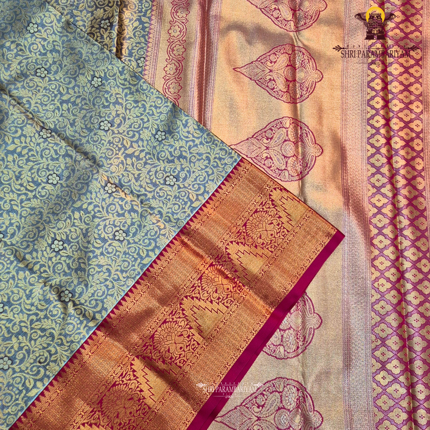 A rich charcoal grey / gunmetal grey Tissue Saree