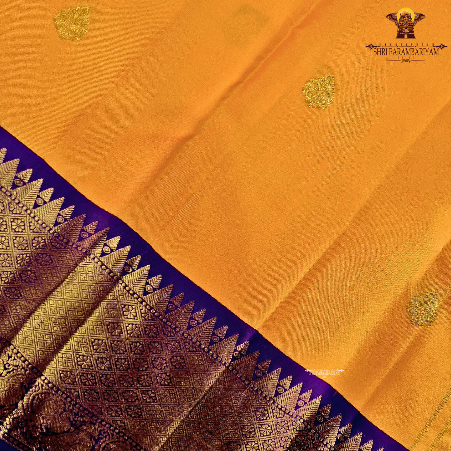 A vibrant Mango Yellow / Golden Orange body with a rich Royal Purple Korvai Border Saree