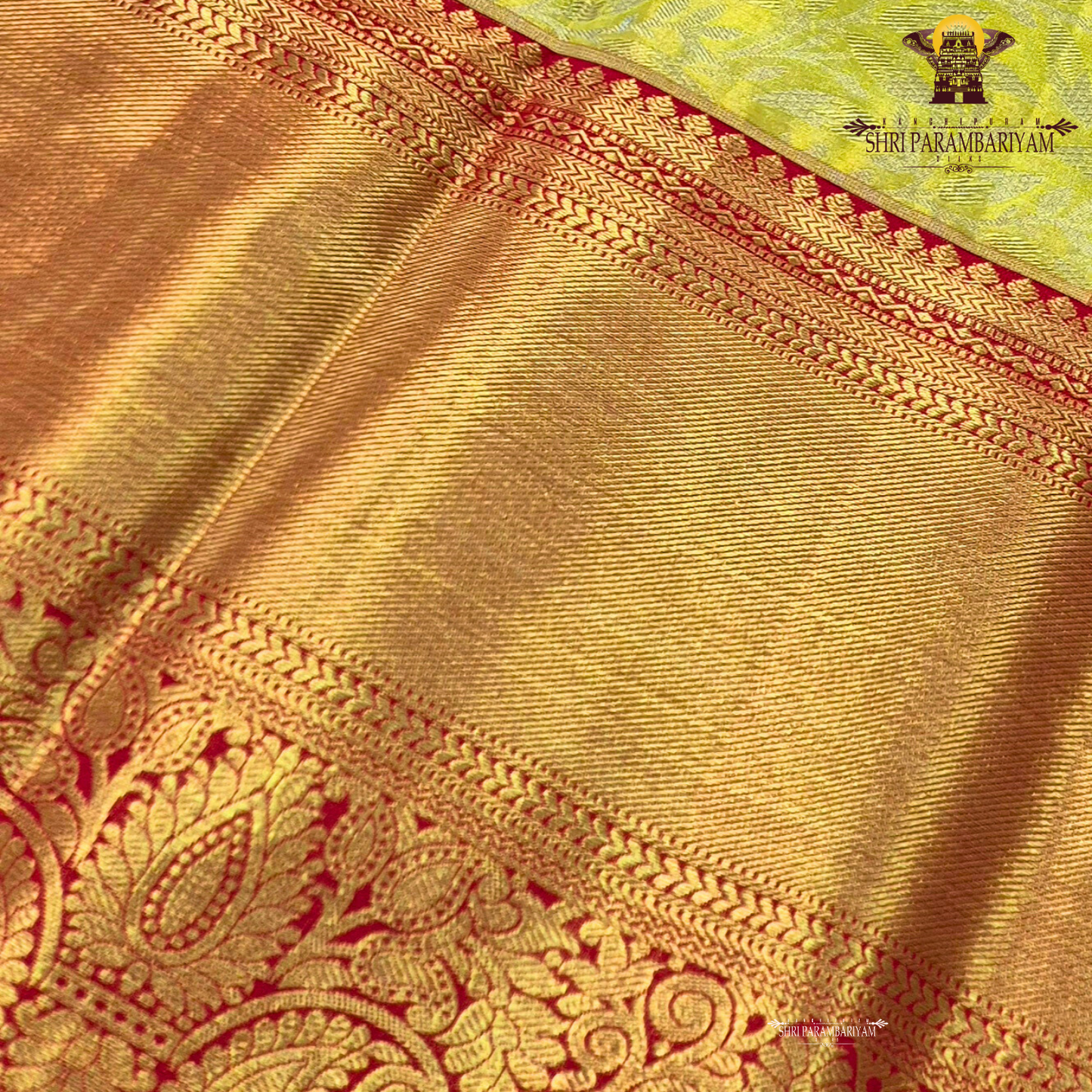 A refreshing lime green body paired with a rich golden tissue pallu and red zari border Saree