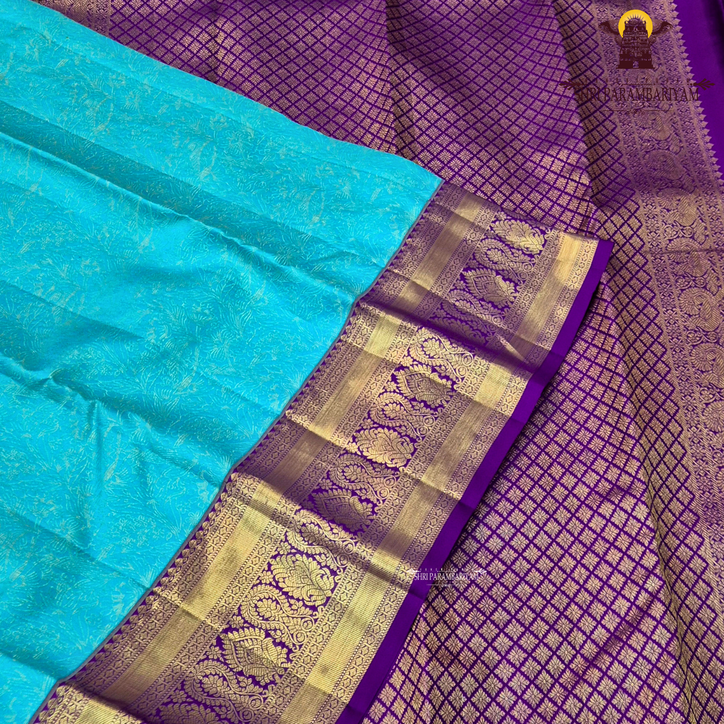 A Sky blue with a rich purple korvai border and gold zari Saree