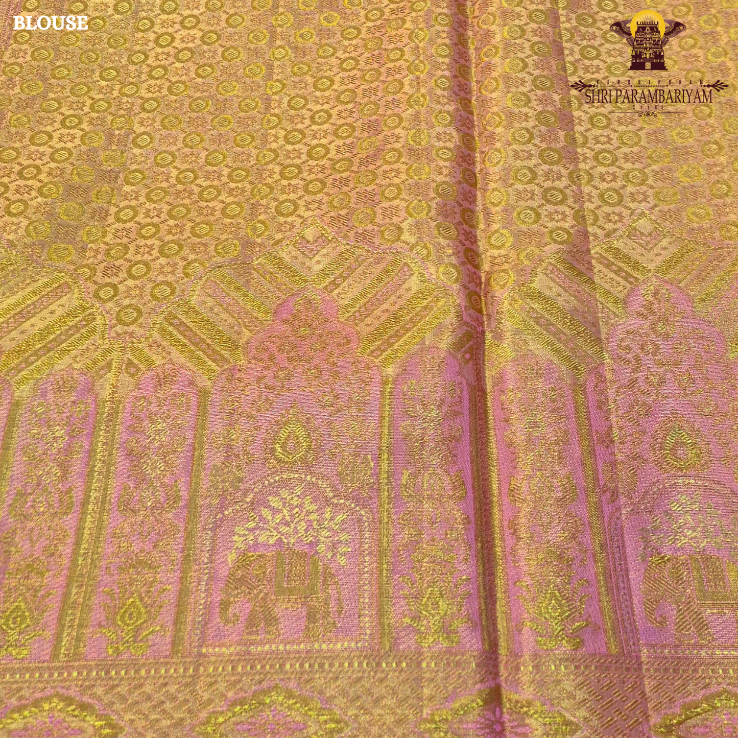 A radiant golden yellow / mustard gold tissue base with subtle pastel green and lavender accents Saree
