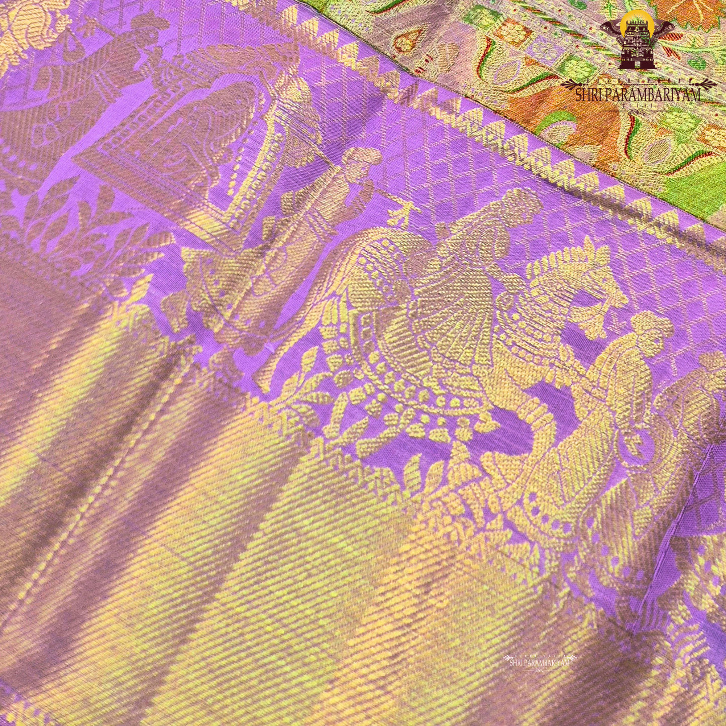 A beautiful lavender / lilac base paired with a rich golden zari pallu, enhanced by a multicolor border Saree