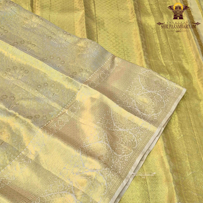 A soft champagne gold / pale gold tissue body with a subtle ivory undertone Saree