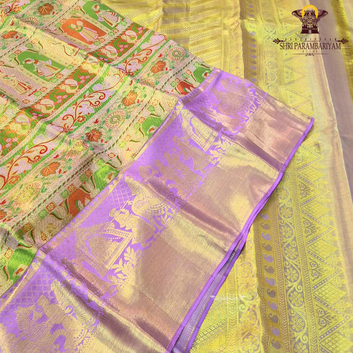 A beautiful lavender / lilac base paired with a rich golden zari pallu, enhanced by a multicolor border Saree