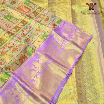 A beautiful lavender / lilac base paired with a rich golden zari pallu, enhanced by a multicolor border Saree