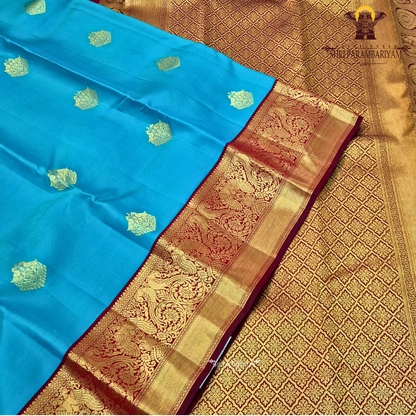 A rich Peacock Blue body highlighted with a beautiful Saree