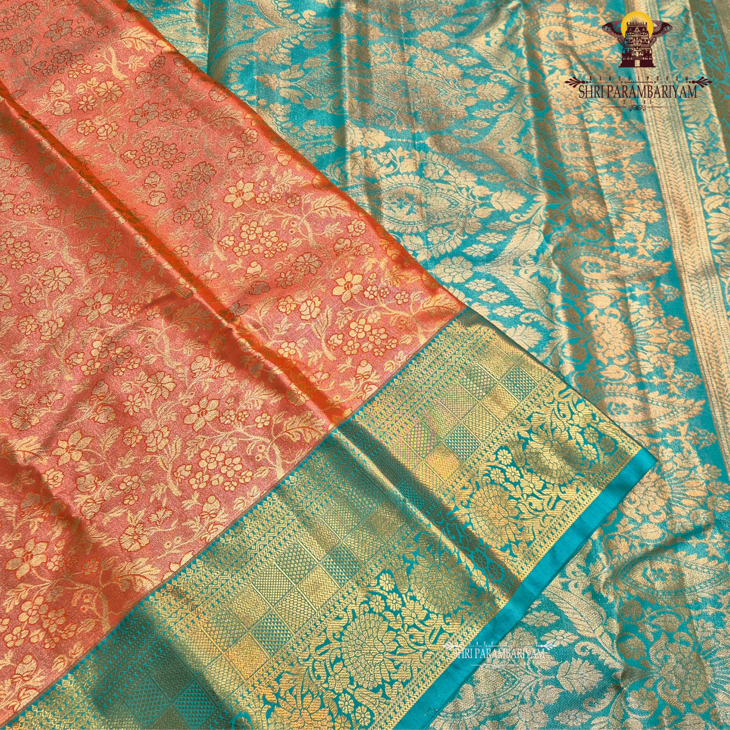 A warm rust orange / copper brown Tissue Saree