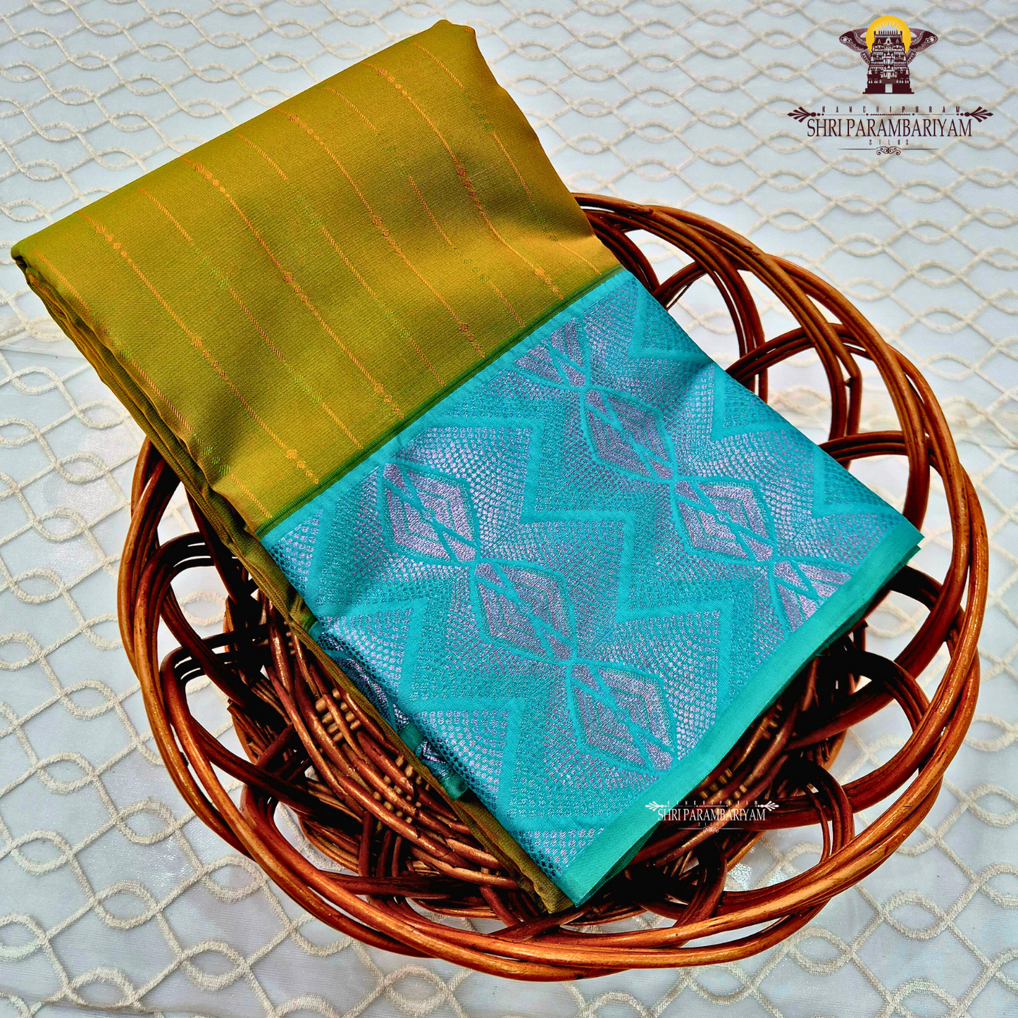 Olive Green Body with Aqua Blue Contrast Border Saree
