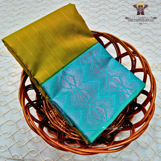 Olive Green Body with Aqua Blue Contrast Border Saree