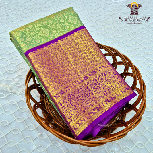 A pastel mint green body and a rich royal purple border Saree
