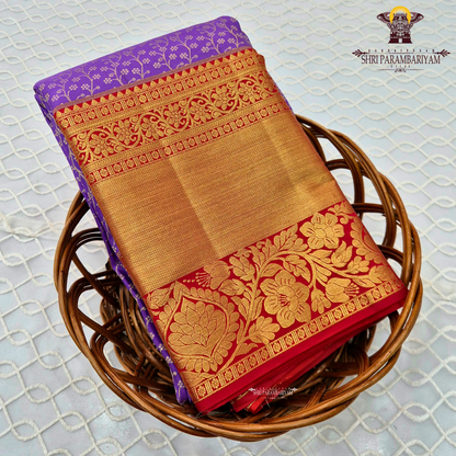 Vibrant royal purple (violet) with Contrast bright red border with heavy gold zari Saree