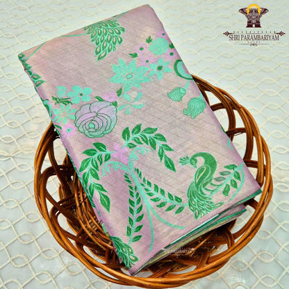 Soft pastel lavender-pink base with contrasting Saree