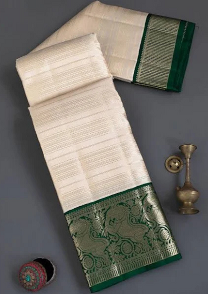 Beige Zari Woven Kanchipuram Silk Saree with Unstitched Blouse